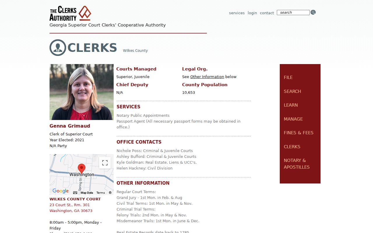 Official Georgia clerk profile for Wilkes County criminal court records and court terms