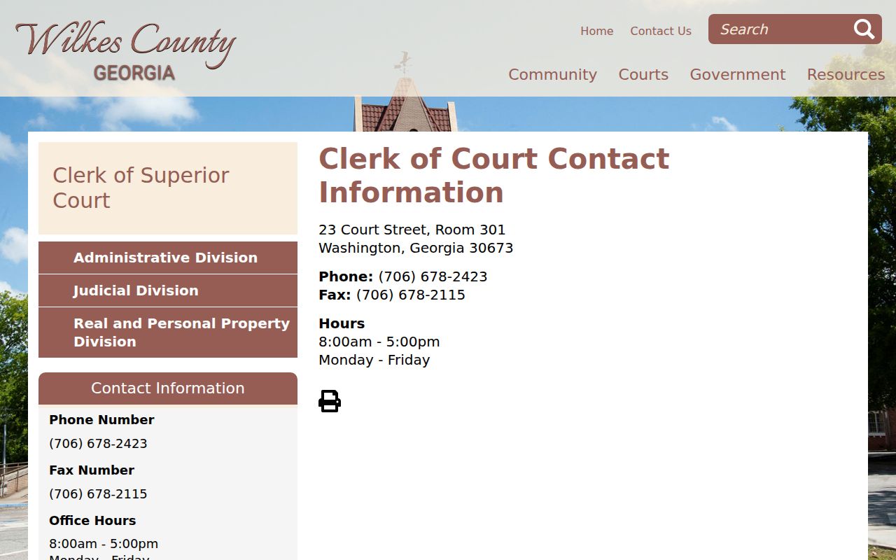 Wilkes County criminal record contact information for the Superior Court Clerk in Room 301