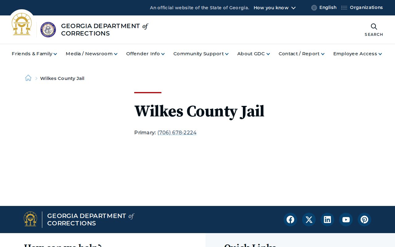 Georgia Department of Corrections directory confirming Wilkes County jail contact information