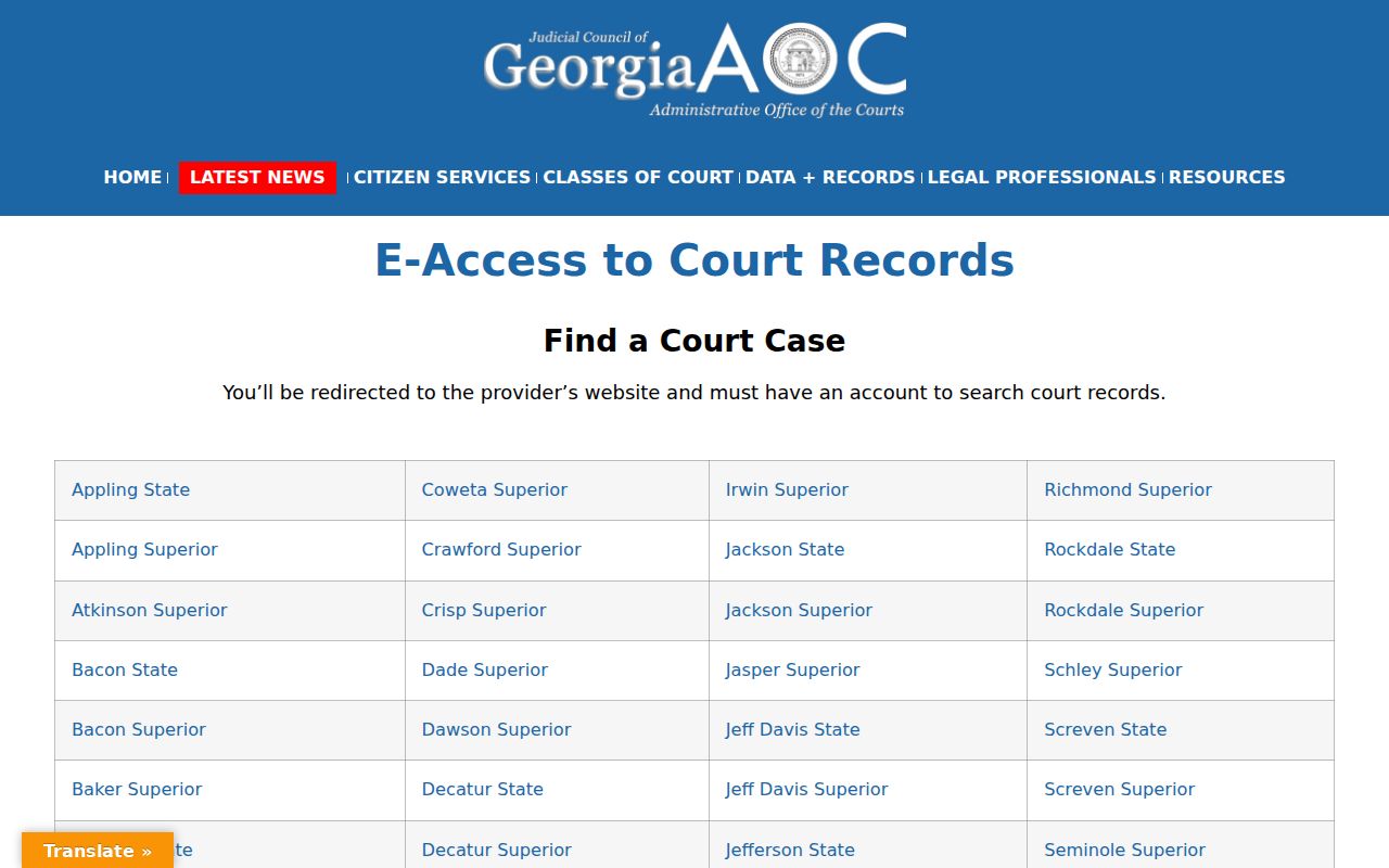 Georgia Courts E-Access directory routing court users to participating providers