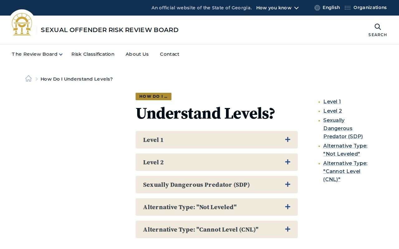 Georgia Sex Offender Registration Review Board explanation of state risk-level meanings